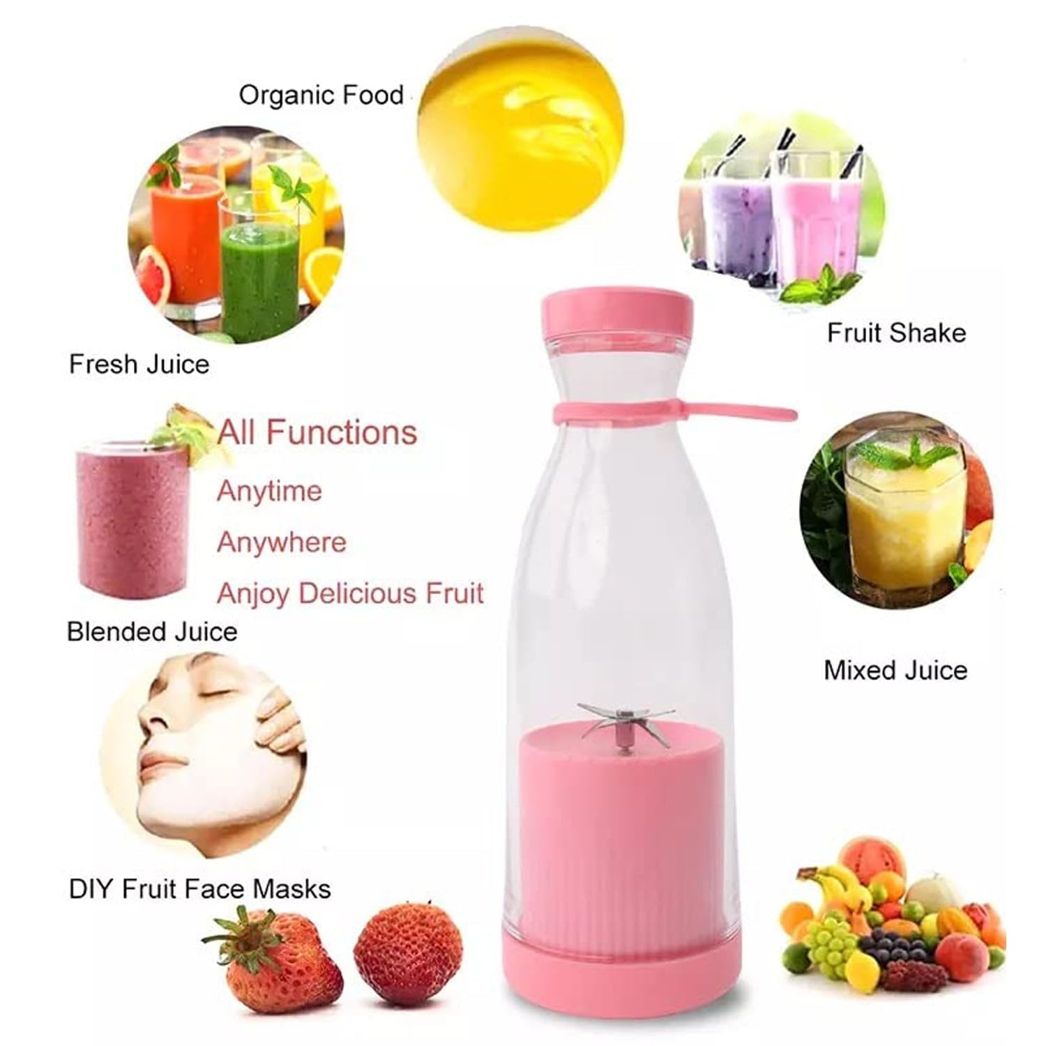 Blender Portable Juicer For Smoothie Juice Vegetable Shakes With 6 Blades Wireless Charging Mini Personal Size Mixer Bottle Grinder 420 Ml Multicolor